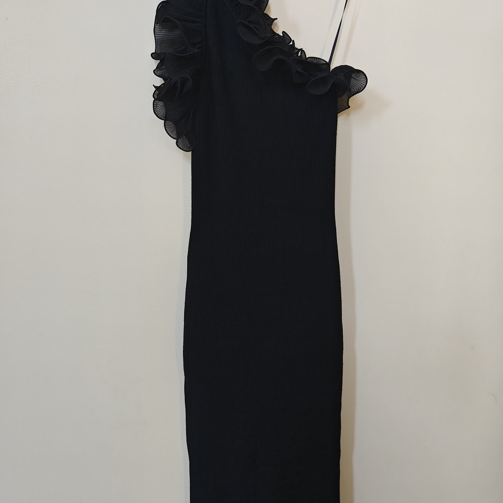 Milly Black One-Shoulder Ruffle Dress